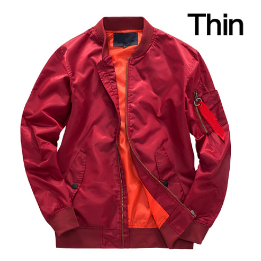 Red bomber jacket with orange lining and zippered pocket on sleeve, labeled "Thin." Features a sleek, casual design and vibrant colors.