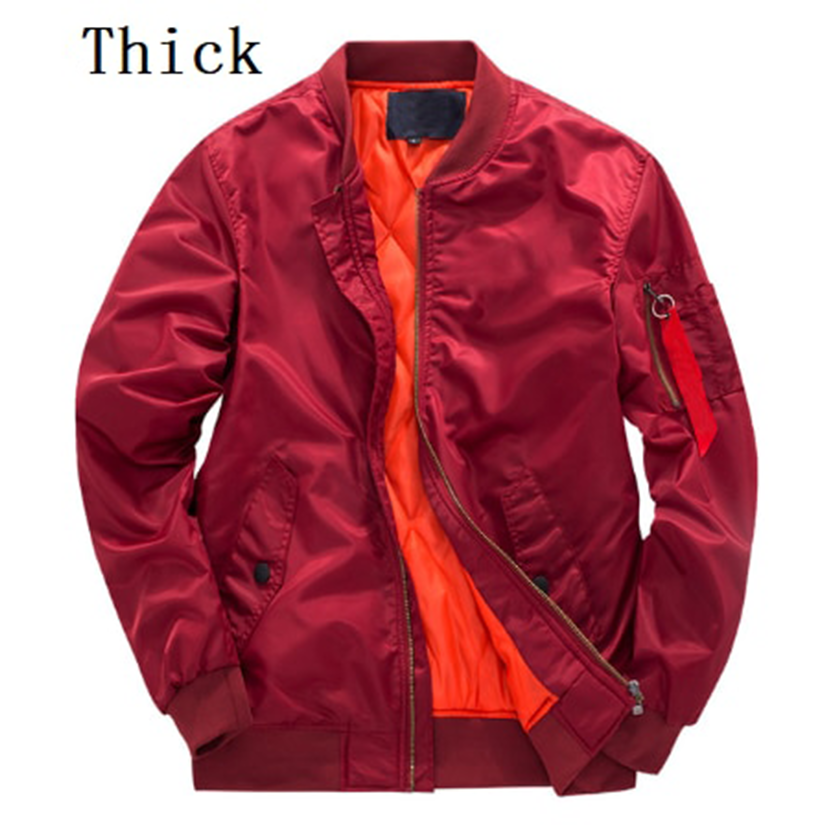 Red bomber jacket with a shiny finish, featuring orange interior, zippered front, and pocket on the left arm. The word "Thick" is in the top left corner.