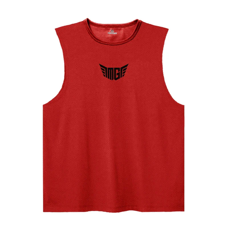 Red sleeveless athletic shirt featuring a black "MGF" logo with wing designs on the front. Ideal for workouts or casual wear.