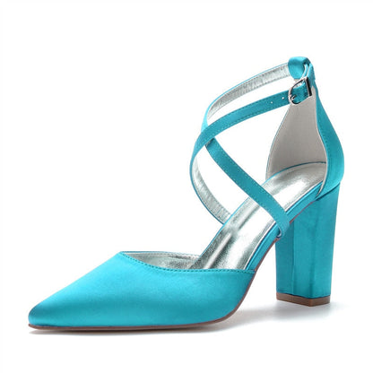 Funki Findz | Shoes | Women's Cross Strap Satin Block Heels