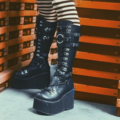 Funki Findz | Boots | Women's Goth Lace Up Platform Wedges