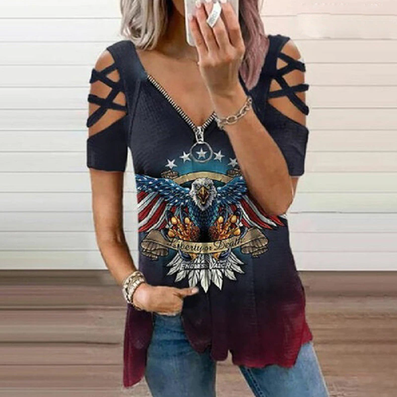 Funki Findz | Shirts | Women's Cross Strap Short Sleeve Zip Shirt