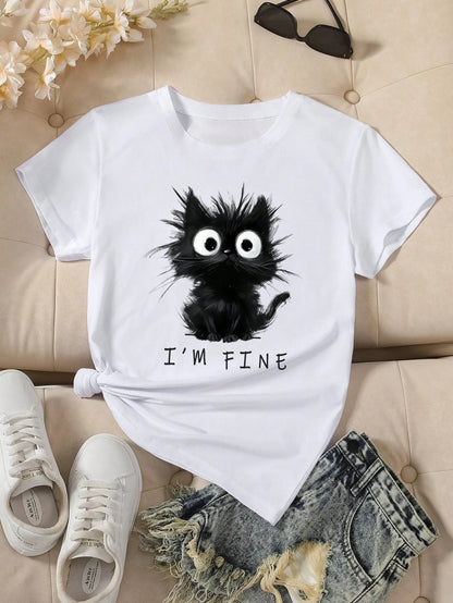 Funki Findz | Shirts | Women's Cute Cat "I'm Fine" Printed T-Shirt