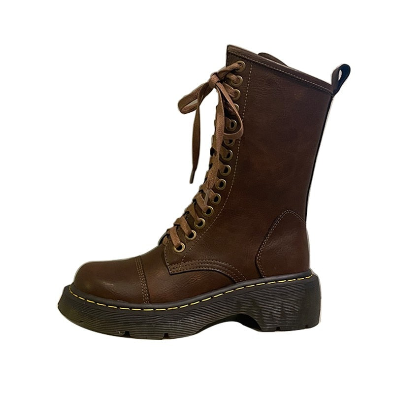 Funki Findz | Boots | Women's Brown Lace Up Calf Combat Boot