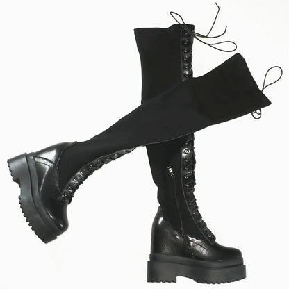 Funki Findz | Boots | Women's Leather Over Knee Wedge Boots