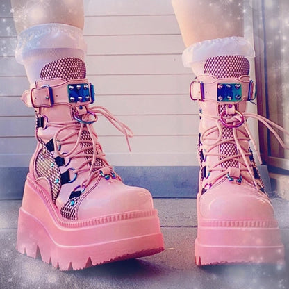 Funki Findz | Boots | Women's Goth Lace Up Platform Wedges