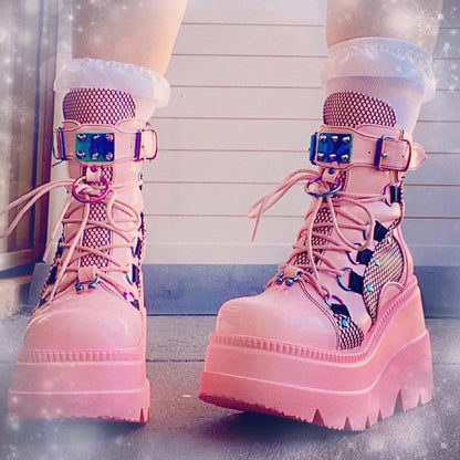 Funki Findz | Boots | Women's Goth Lace Up Platform Wedges