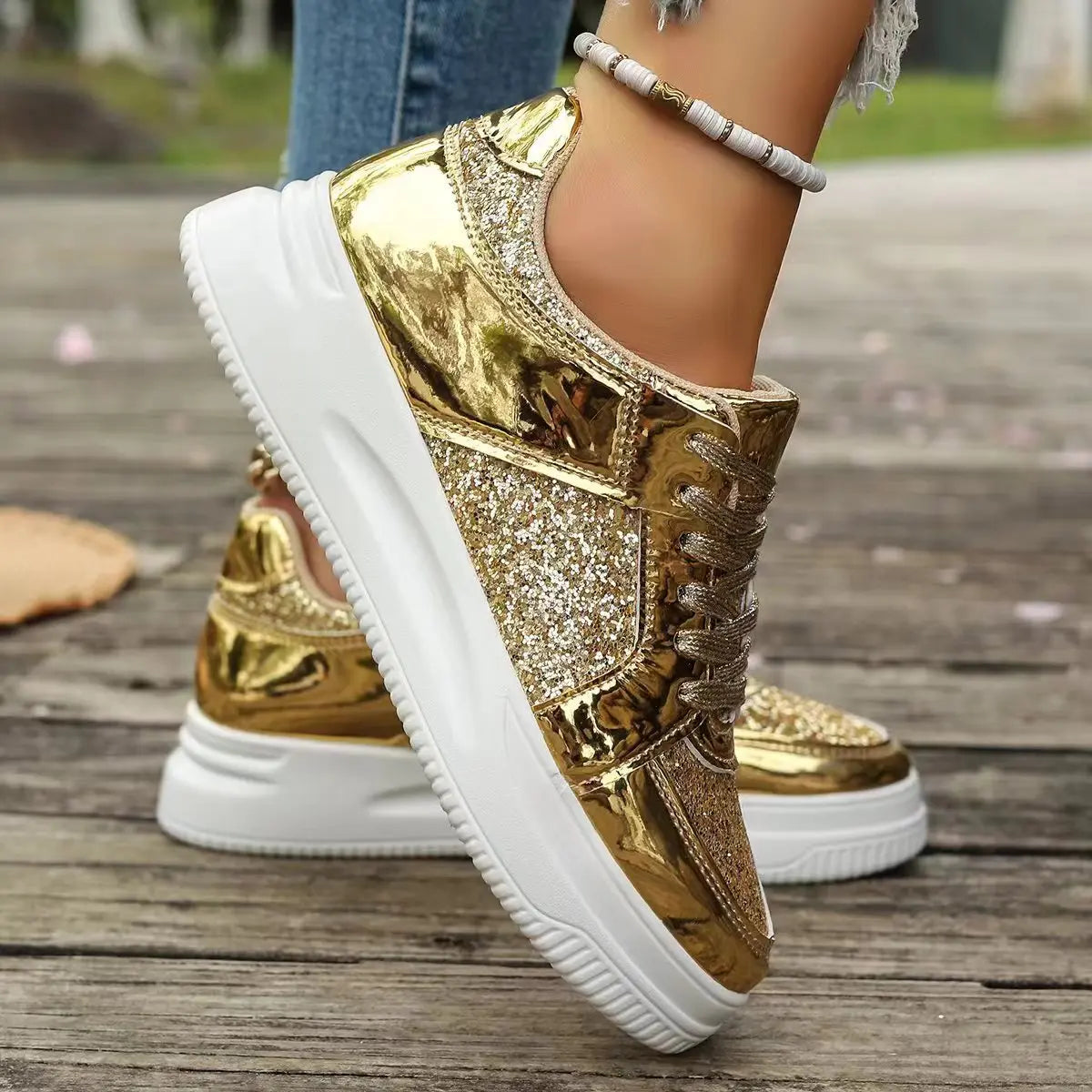 Funki Findz | Shoes | Women's Gold Sequins Platform Sneakers