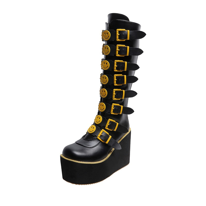 Funki Findz | Boots | Women's Black Yellow Smiley Face Boots
