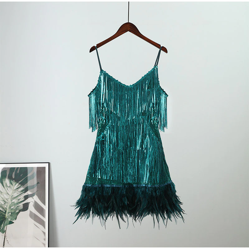 Funki Findz | Dresses | Women's Sequin Feather Fringe Dress