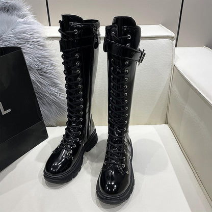 Funki Findz | Boots | Women's Patent Buckle Strap Lace Up Boot
