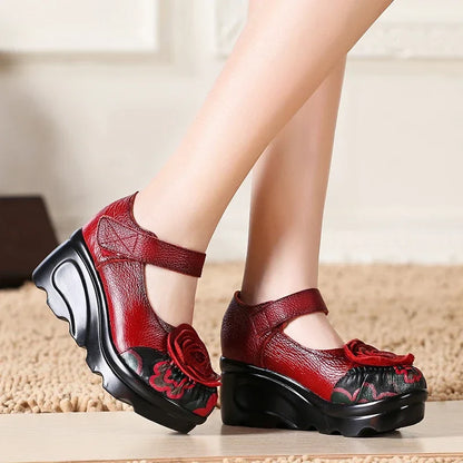 Funki Findz | Shoes | Women's Cute Red Flower Leather Wedges