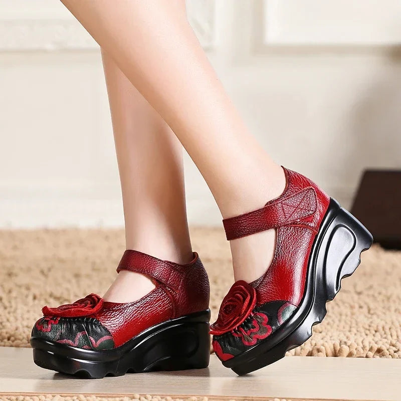 Funki Findz | Shoes | Women's Cute Red Flower Leather Wedges