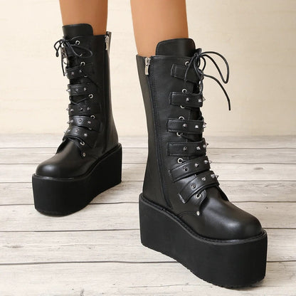Funki Findz | Boots | Women's Buckle Strap Wedge Biker Boots