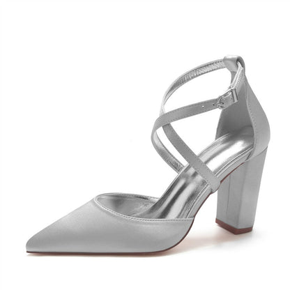 Funki Findz | Shoes | Women's Cross Strap Satin Block Heels