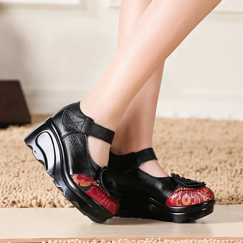 Funki Findz | Shoes | Women's Cute Red Flower Leather Wedges