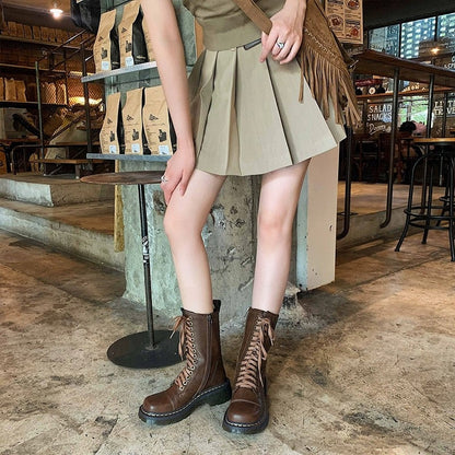 Funki Findz | Boots | Women's Brown Lace Up Calf Combat Boot