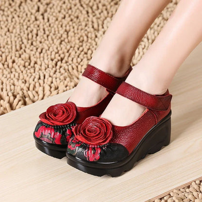 Funki Findz | Shoes | Women's Cute Red Flower Leather Wedges