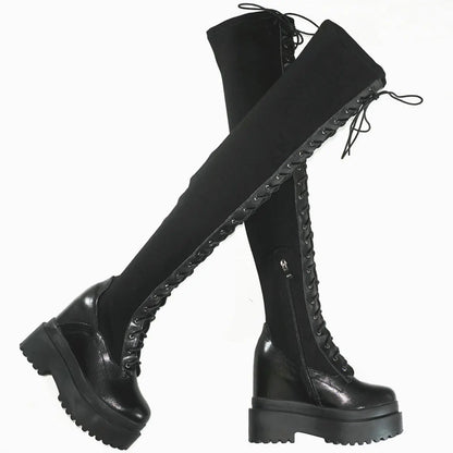 Funki Findz | Boots | Women's Leather Over Knee Wedge Boots