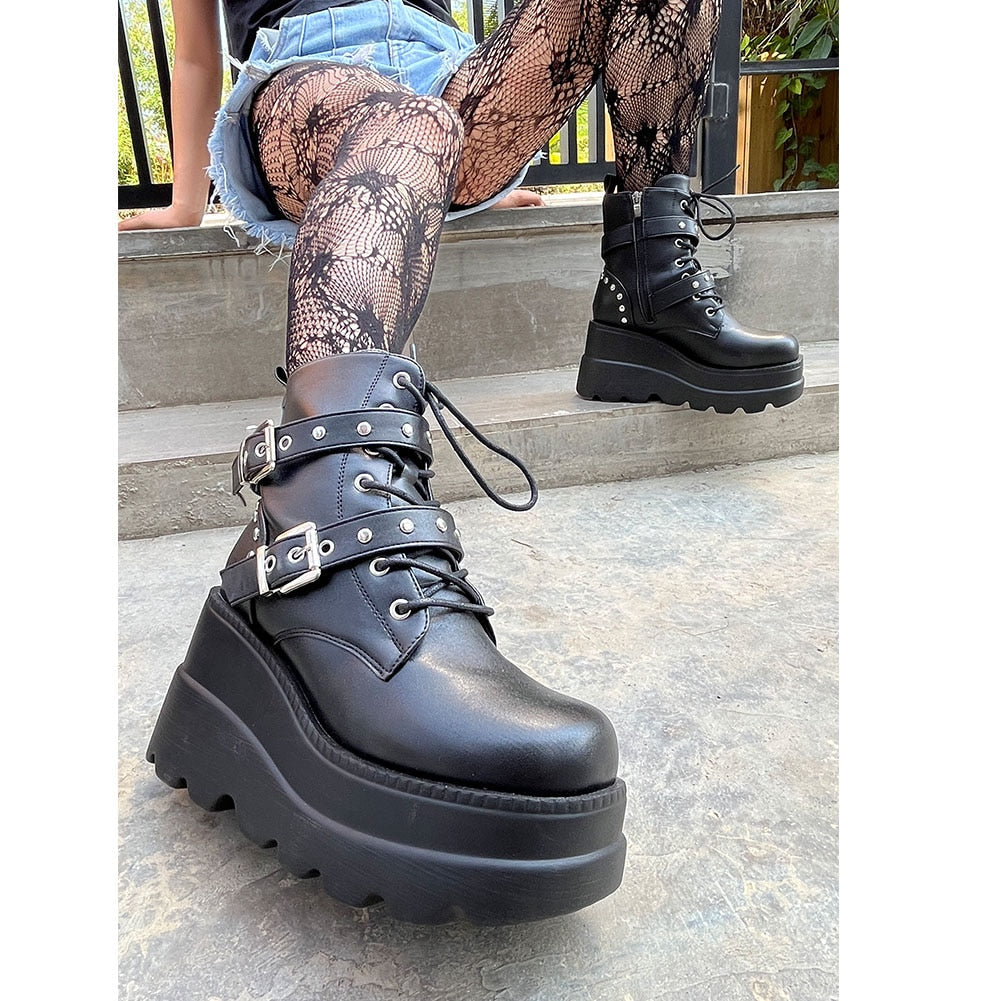 Funki Findz | Boots | Women's Punk Platform Ankle Wedge Boots