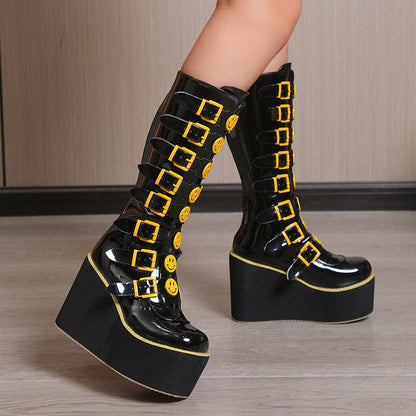 Funki Findz | Boots | Women's Black Yellow Smiley Face Boots