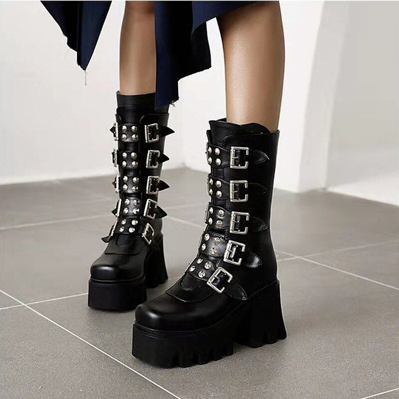 Funki Findz | Boots | Women's Chunky Mid-Calf Buckle Boot