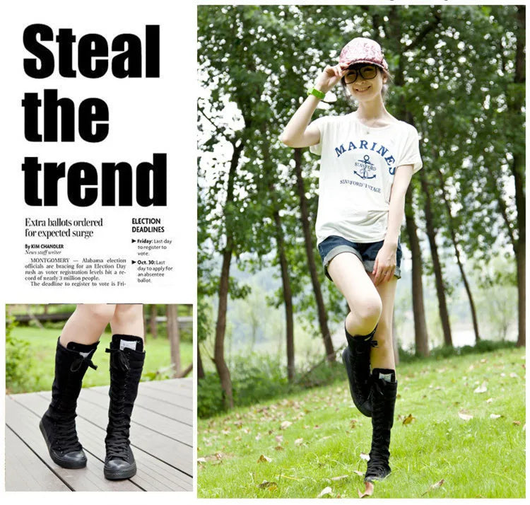 Funki Findz | Boots | Women's Canvas Knee High Lace Up Boots