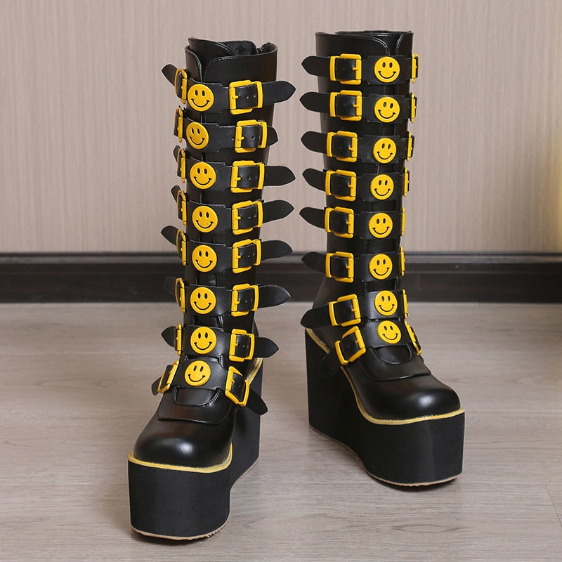 Funki Findz | Boots | Women's Black Yellow Smiley Face Boots