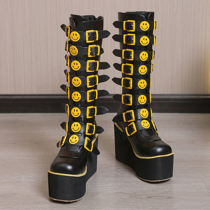 Funki Findz | Boots | Women's Black Yellow Smiley Face Boots
