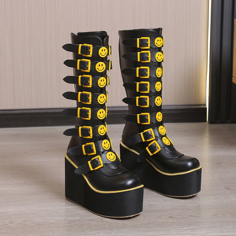 Funki Findz | Boots | Women's Black Yellow Smiley Face Boots