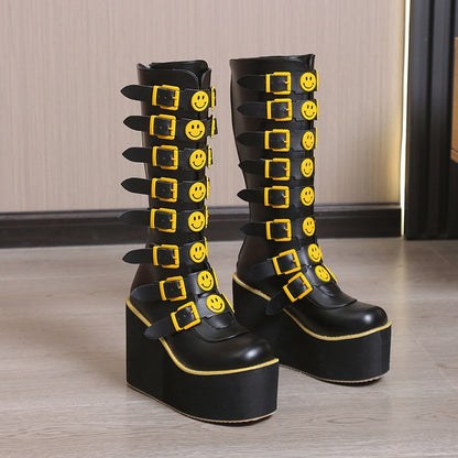 Funki Findz | Boots | Women's Black Yellow Smiley Face Boots