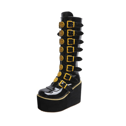 Funki Findz | Boots | Women's Black Yellow Smiley Face Boots