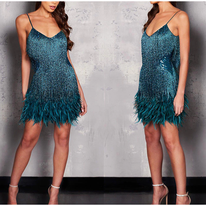 Funki Findz | Dresses | Women's Sequin Feather Fringe Dress
