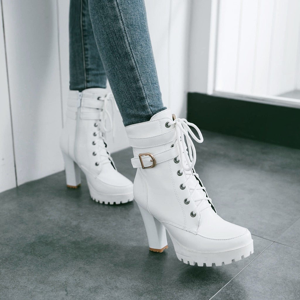 Funki Findz | Boots | Women's Block Heel Buckle Strap Ankle Boots