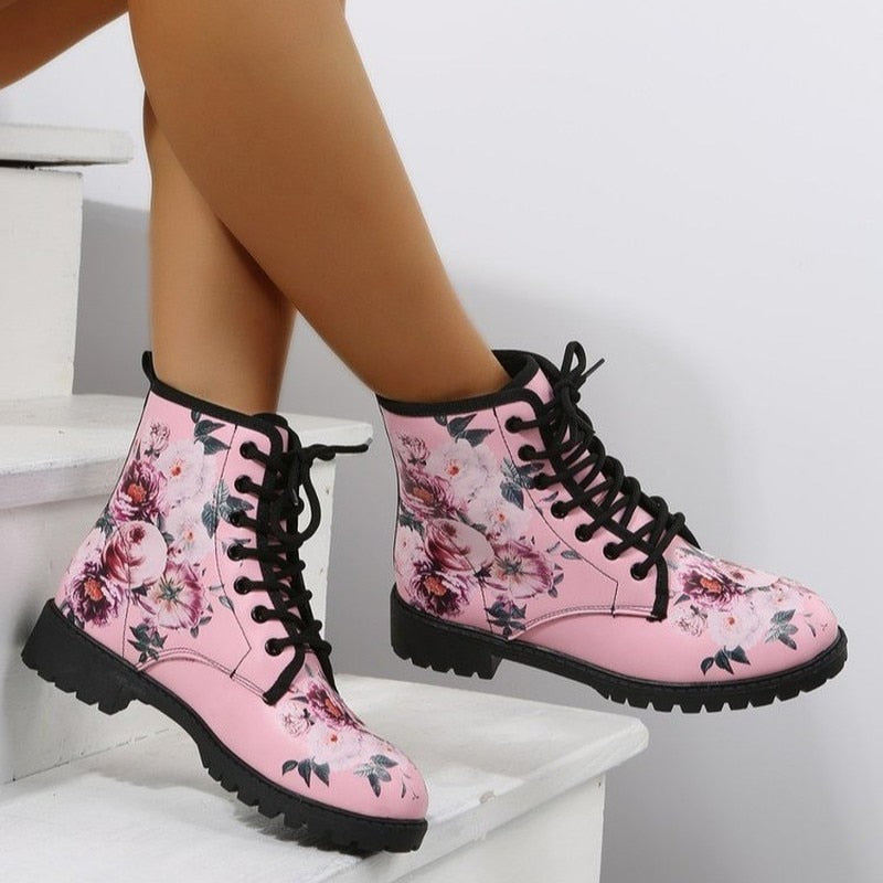 Funki Findz | Boots | Women's Floral Rose Print Flat Ankle Boots