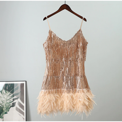 Funki Findz | Dresses | Women's Sequin Feather Fringe Dress
