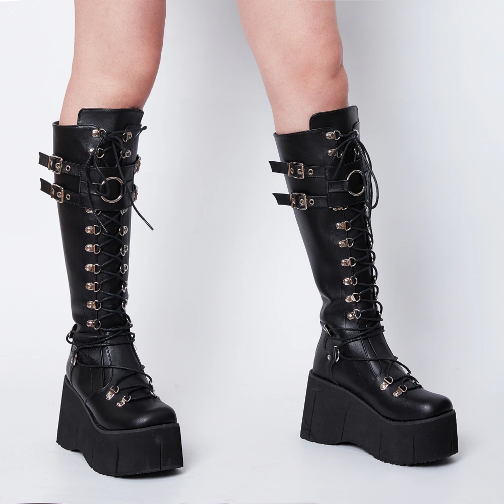 Funki Findz | Boots | Women's Goth Lace Up Platform Wedges