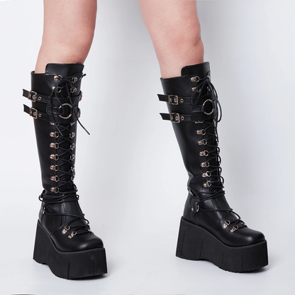 Funki Findz | Boots | Women's Goth Lace Up Platform Wedges