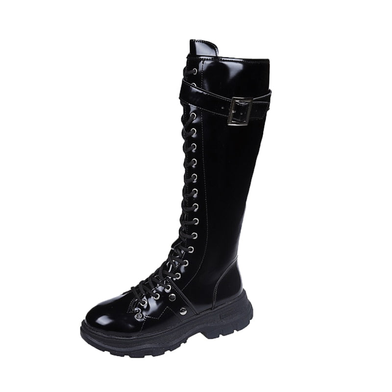 Funki Findz | Boots | Women's Patent Buckle Strap Lace Up Boot