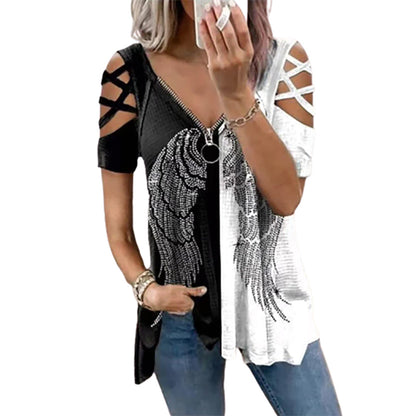 Funki Findz | Shirts | Women's Cross Strap Short Sleeve Zip Shirt