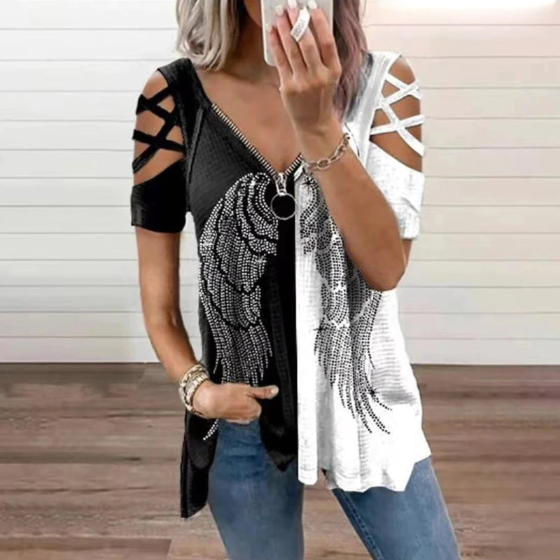 Funki Findz | Shirts | Women's Cross Strap Short Sleeve Zip Shirt