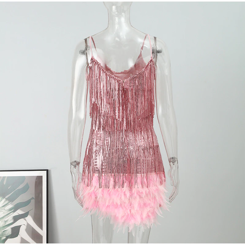 Funki Findz | Dresses | Women's Sequin Feather Fringe Dress