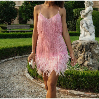 Funki Findz | Dresses | Women's Sequin Feather Fringe Dress