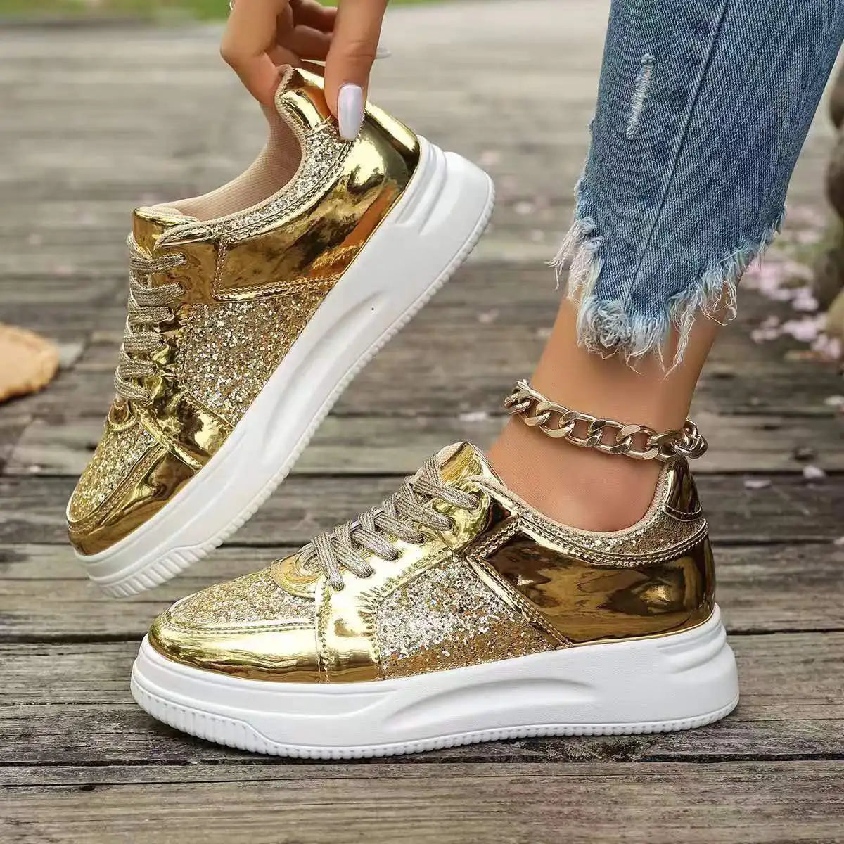 Funki Findz | Shoes | Women's Gold Sequins Platform Sneakers