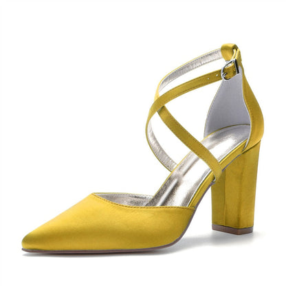 Funki Findz | Shoes | Women's Cross Strap Satin Block Heels