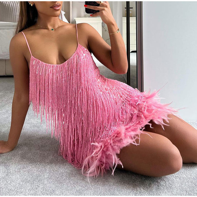 Funki Findz | Dresses | Women's Sequin Feather Fringe Dress