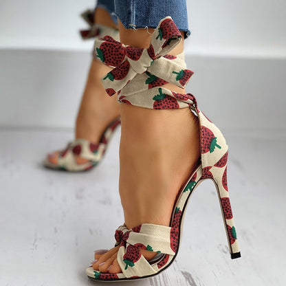 Funki Findz | Shoes | Women's Canvas Fruit Print Ankle Tie Heels