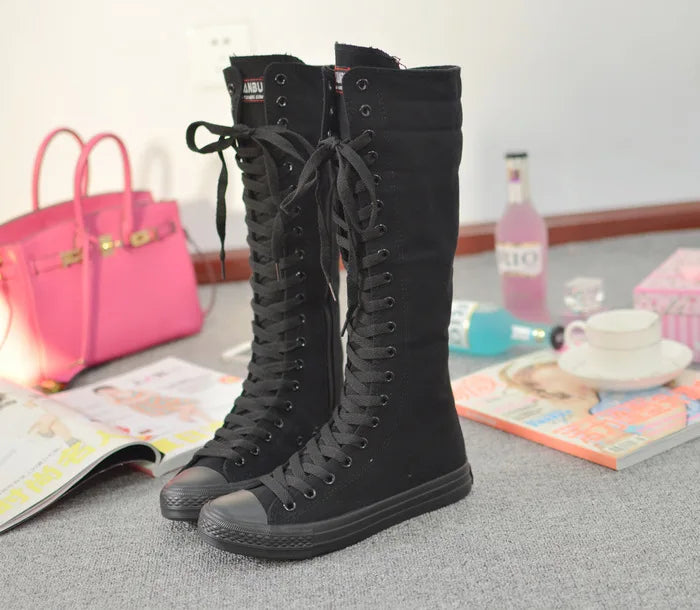Funki Findz | Boots | Women's Canvas Knee High Lace Up Boots