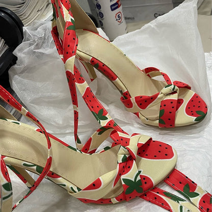 Funki Findz | Shoes | Women's Canvas Fruit Print Ankle Tie Heels