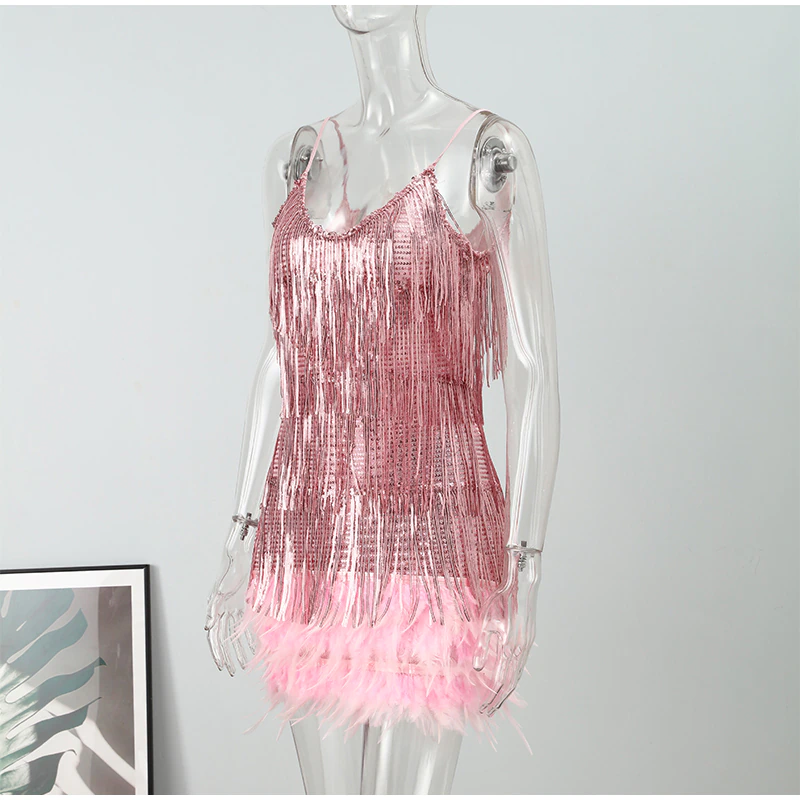 Funki Findz | Dresses | Women's Sequin Feather Fringe Dress